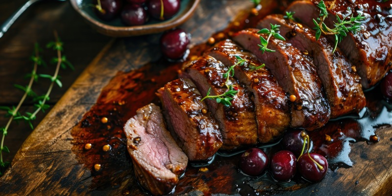 Carne asada con cerezas